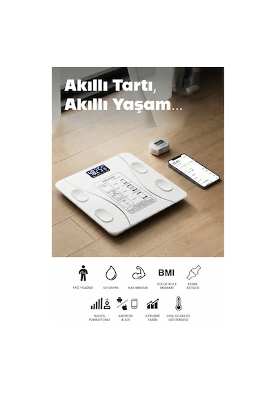 Dijital Bluetooth Baskül - Yağ Su Kas Vücut Kitle Endeksi Kilo Ölçer Tartı Vücut Analiz Cihazı Beyaz