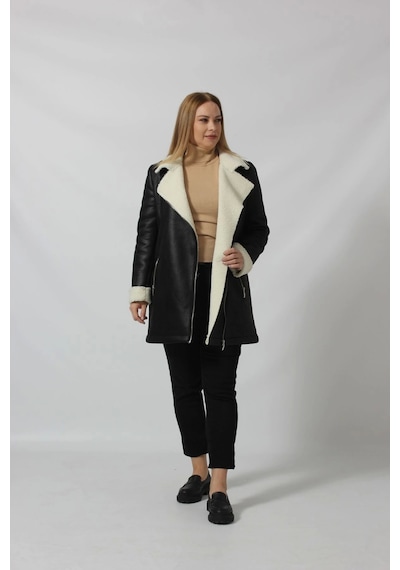 Moda Berray Uzun İçi Kürklü Boğazı Kemer Detaylı Kaban Siyah