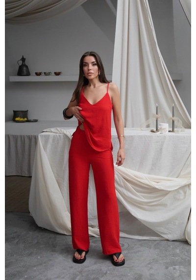 Paw Garage Kadın Shay Kırmızı Ayrobin Ip Askılı Bluz Bol Paça Pantolon Takım, Yaz Yeni Sezon Paw Garage Kadın Shay Kırmızı Ayrobin Ip Askılı Bluz Bol Paça Pantolon Takım, Yaz Yeni Sezon