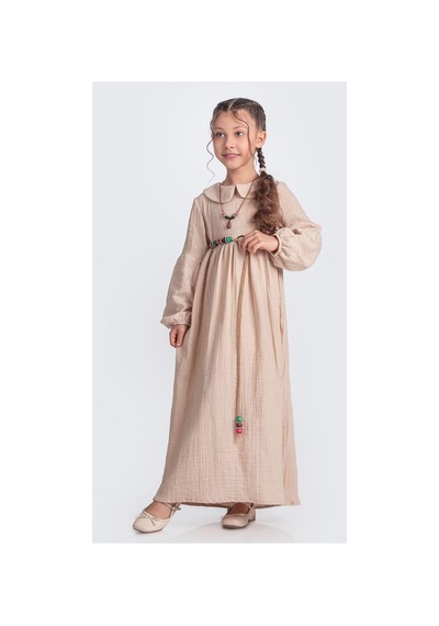 Mnk Baby & Kids Müslin Kumaş Kız Çocuk Uzun Kol Tesettür Elbise M00705 Pudra