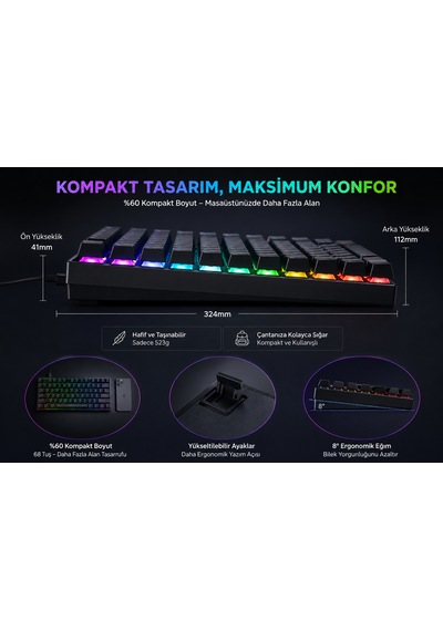 68 Tuş Türkçe Q Rgb Mekanik Gaming Klavye Outemu Manyetik Switch Hot Swappable Type-c Kablolu Kompakt Klavye