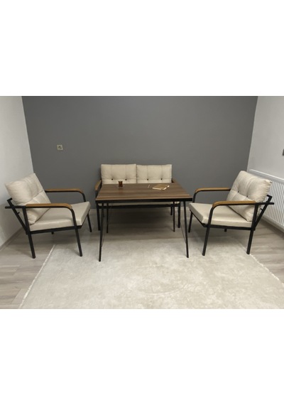 Modern Dünya Balkon, Bahçe, Cafe - Metal Kanepe Koltuk Takımı - 2+1+1 + Masa Krem Modernsh35 Krem