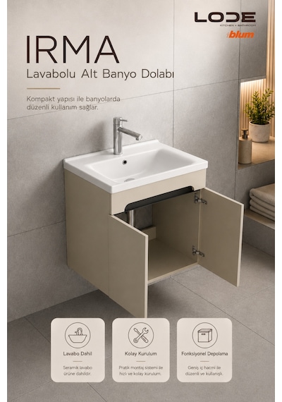 Lode Bath Irma Lavabolu Alt Banyo Dolabı, Kapaklı Banyo Alt Dolabı,seramik Lavabo Dahil 60 Cm Kumtaşı