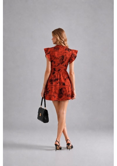 Sortie Collection Beli Lastikli Kruvaze Yaka Desenli Keten Mini Elbise Nar Sortie Collection Beli Lastikli Kruvaze Yaka Desenli Keten Mini Elbise Nar