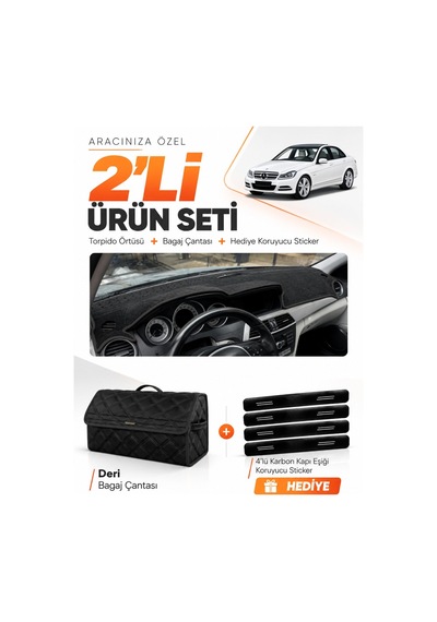 E-biz Mercedes W204 C180 2007-2014 Uyumlu Torpido Örtüsü + Deri Bagaj Çantası Seti - Siyah - Mb006