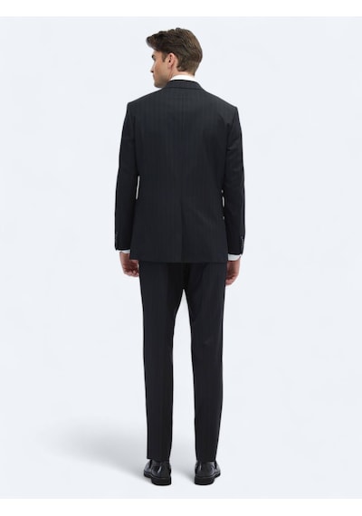Kip Siyah Çizgili Modern Fit Yün Karışımlı Takım Elbise Siyah