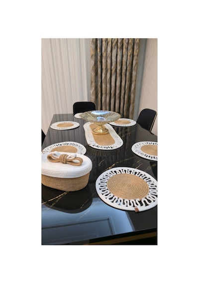 6 Lı Supla 1 Runner 1 Kapaklı Kurdele Ekmek Sepeti Seti Beyaz Jüt Renk Desenli Sunumluk Beyaz
