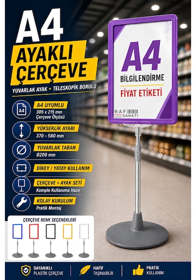 A4 Ayaklı Çerçeve Seti Yuvarlak Tabanlı Teleskopik Fiyat Etiketi Standı Mor