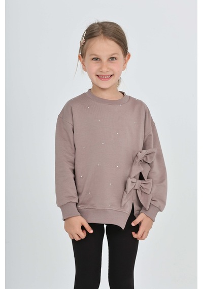 Toontoy Kız Çocuk Taşlı Fiyonklu Sweatshirt Koyu Kahverengi