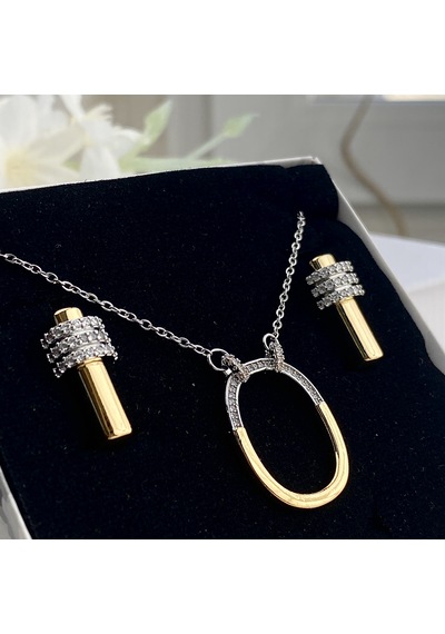 Kyver Halka Çift Renk Zirkon Taşlı Kadın Kolye Küpe Set 45 CM Altın - Beyaz