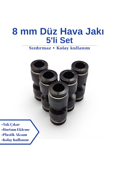 Pnömatik Düz Ekleme Jakı Hortum Birleştirici Rekor 4 - 6 - 8 - 10 - 12 Mm Seçenekli - 5'li Set 8 MM