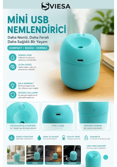 Mini Hava Nemlendirici Ev Ofis Araç Kompakt Sessiz Buhar Nemlendirici