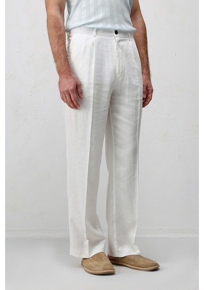 Antioch Keten Karışımlı Erkek Baggy Pantolon Beyaz
