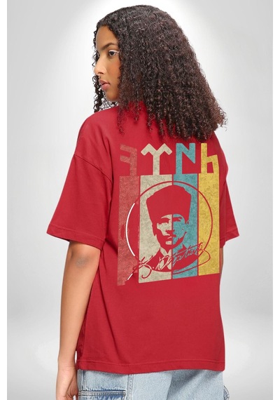 Atatürk İmzalı Türk Logo Kırmızı Oversize Unisex Ön Ve Sırt Baskılı Tişört Kırmızı