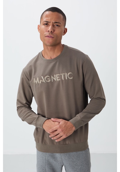 Tommy Life Koyu Bej Yazı Nakışlı O Yaka Rahat Form İçi Polarlı Erkek Sweatshirt - 88020 Koyu Bej