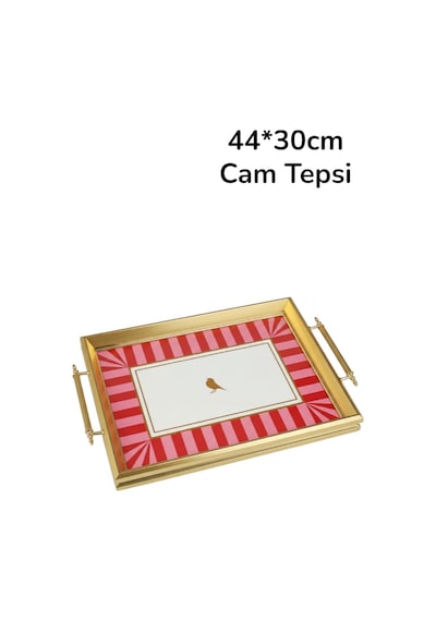 Altın Çerçeveli Pembe Kuş Motifli Lüks Sunum Tepsisi - 44x30 Cm Diğer