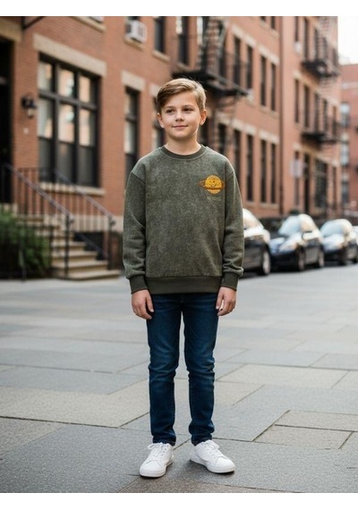 Zekids Erkek Çocuk Pamuklu Gezegen Baskılı Batik Sweatshirt-16332 YESIL