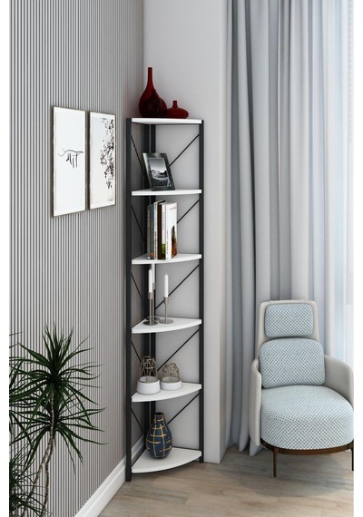 Datça 6 Raflı Metal Köşe Kitaplık Rafı Dekoratif Aksesuar Rafı 180 Cm Beyaz Beyaz