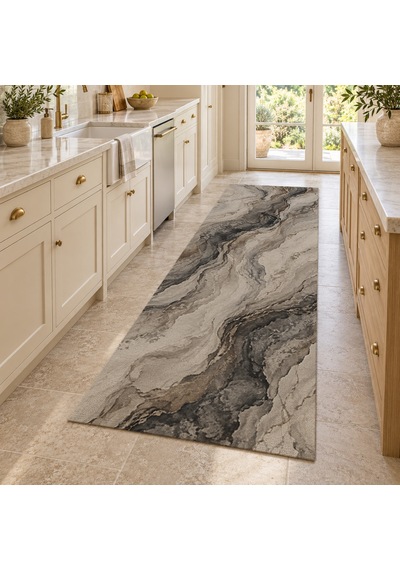 Kartela Halı Mineral Akış Gri Antrasit Koridor Mutfak Yolluk Halısı Kaymaz Taban 100x300 Cm