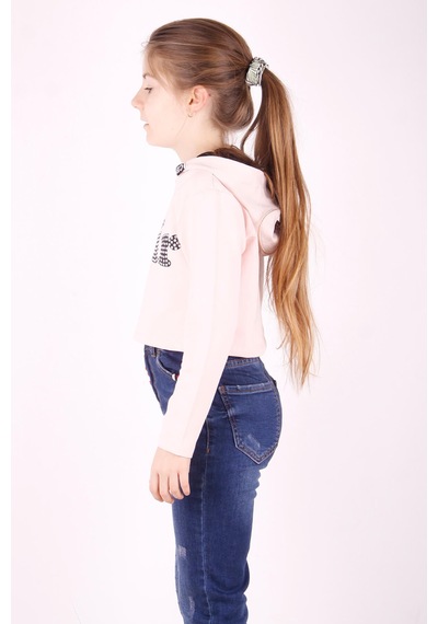 Toontoy Kız Çocuk Taş İşlemeli Kapşonlu Sweatshirt Pudra
