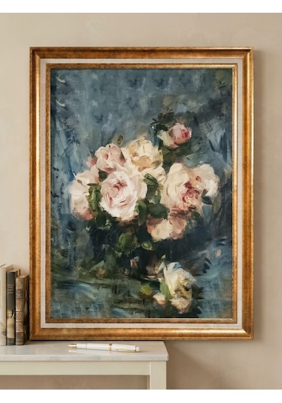 Varaklı Gold Çerçeveli Yağlı Boya Dokulu Salon Tablosu - Turkuaz Mavi Fonda Pembe Güller Klasik Vintage Duvar Tablosu 50x70 Cm / Çerçeveli 60x80 Cm Varaklı Gold Çerçeveli Yağlı Boya Dokulu Salon Tablosu - Turkuaz Mavi Fonda Pembe Güller Klasik Vintage Duvar Tablosu 50x70 Cm / Çerçeveli 60x80 Cm