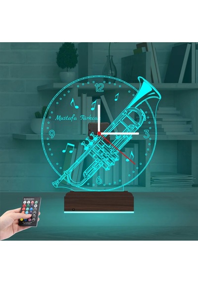 Luvivia Trompet Enstrüman Müzik Nota Kişiye Özel Saatli 3d Lamba - Masa Gece Lambası Şeffaf