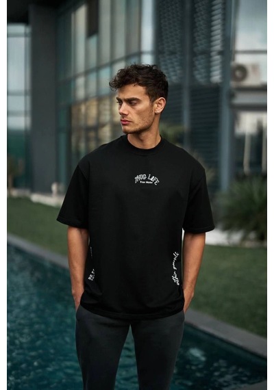 Baskılı Oversize T-shirt - Siyah -Çok Renkli