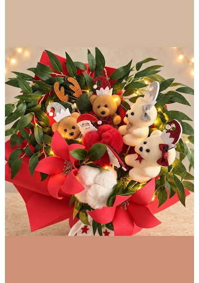 Noël Lumière Işıklı Yılbaşı Buketi Peluş Ayıcıklı - El Yapımı Yapay Çiçek Kırmızı