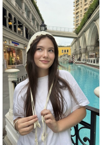 Mollycrush Krem Çiçek Motifli Örgü Hair Band Bağcıklı Yazlık Kadın Başlık Krem