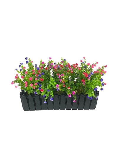 Yapay Çiçek Siyah Çit Balkon Saksısı Renkli Mineli Şimşir Çiçekli 55 35cm