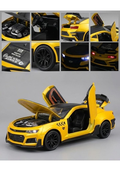 Işıklı Sesli Pilli 1:24 Ölçekli Metal Chevrolet Camaro Kapısı Kaputu Ve Bagajı Açılan Model Araba Sarı