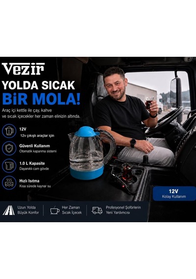 Vezir Vzr-09 Araç İçi Su Isıtıcı Otomatik Rezistanslı Kahve Makinesi Kettle 1 Lt 12 Volt
