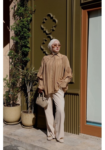 Şakika Kadın Büzgü Detaylı Premium Gömlek Camel