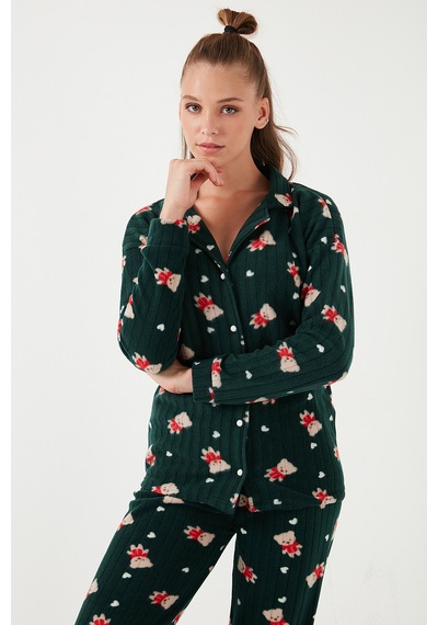 Lela Standart Fit Düğmeli Polarlı Bayan Pijama Takımı 6095615 Yeşil