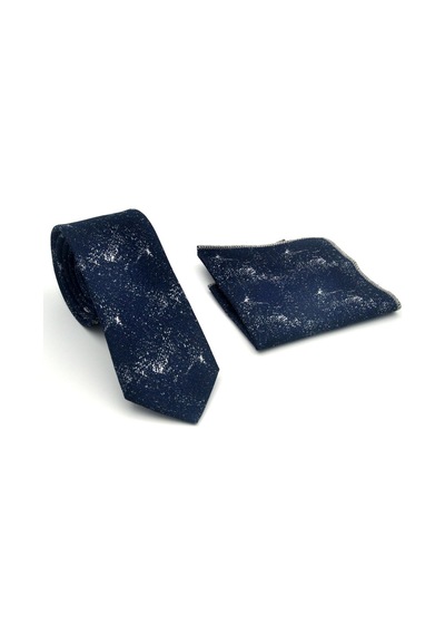 Gaffy Gri Desenli Lacivert Dokuma Kumaş Mendilli Slim Fit Kravat // Sdk-2613-2 Lacivert