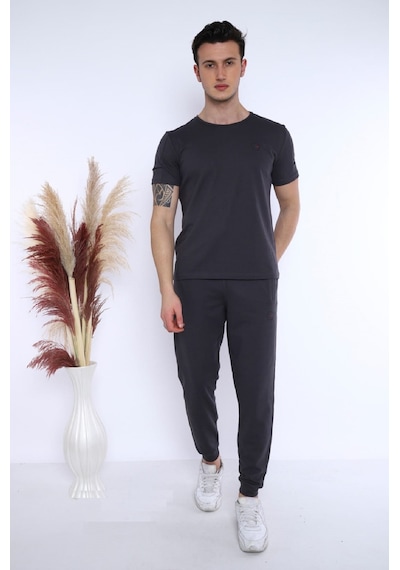 Erkek Füme Alt-Üst T-Shirt Takım, Rahat Kesim-3302 Koyu Gri