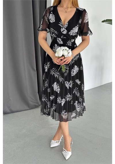 Dip Moda Kadın Siyah Desenli Şifon Elbise Dpnbq005 Siyah