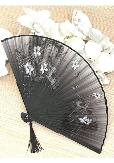 Beluga Yelpaze Bambu Kumaş Serinletici Vintage Siyah Şık Dekorasyon Püsküllü Japon Yelpaze 0365