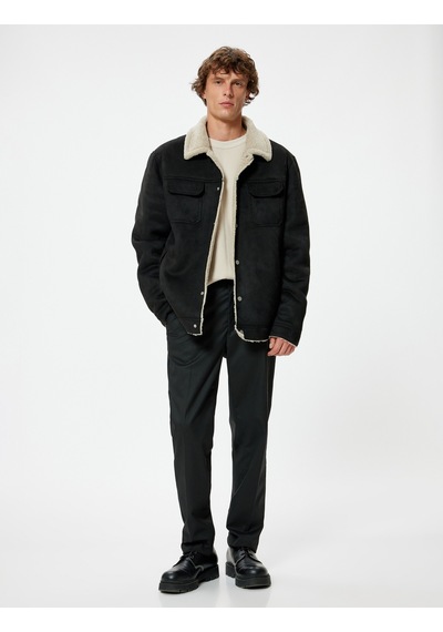Koton Süet Görünümlü Ceket Slim Fit Peluş Detaylı Gömlek Yaka Siyah 5wam20075hw Siyah