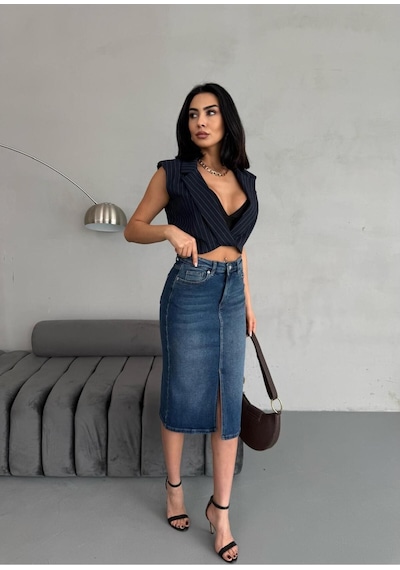 Zeo Basic Yırtmaçlı Midi Boy Jean Etek Mavi+taşlamalı
