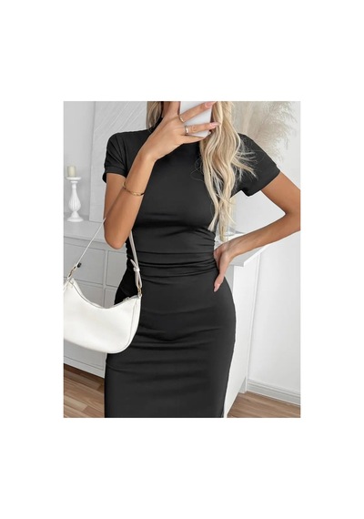 Butik İstanbul Kadın Yarı Balıkçı Yaka Yırtmaçlı Dalgıç Midi Elbise Siyah