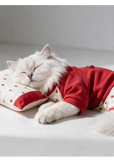 Tatlı Çilek Kedi Rüyası Pamuklu Çilekli Kedi Tulumu, Kırmızı Sweatshirt Ve Mini Yastık 3parça