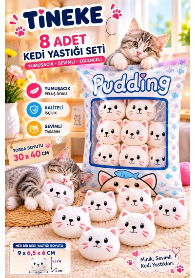 Tineke 8 Li Peluş Kedi Yastığı Seti Minik Yumuşak Kedi Oyuncağı Ve Uyku Arkadaşı Beyaz
