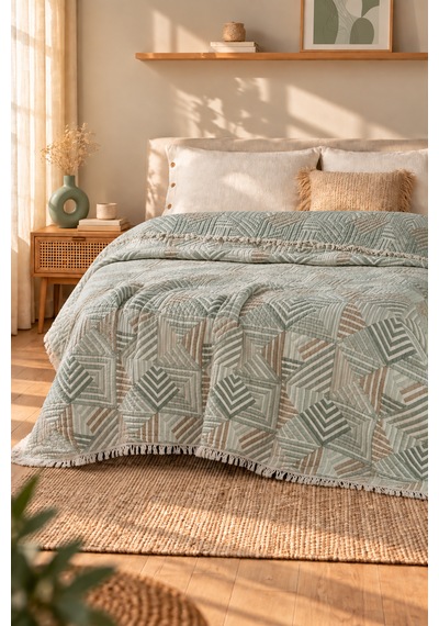 Geometrik %100 Pamuklu Müslin Yatak Örtüsü Pike , Premium Püsküllü Çift Taraflı 220x240 Mint-yeşil