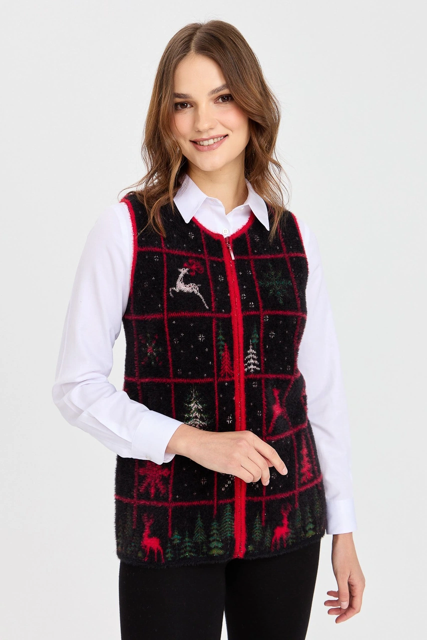 Desen Triko Kadın Sıfır Yaka Patchwork Yılbaşı Desenli Yelek Siyah Siyah