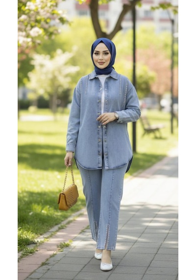 Hb Harma Time Butik Kadın Kot Ceket Pantolon İkili Kot Mavi Takım