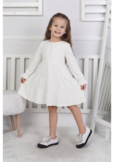 New Kids Kız Çocuk Uzun Kol Elbise Kol Fırfır Manşetli Etek Fırfır Detaylı Yeni Sezon -91238 Beyaz