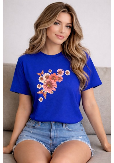 Herkesemoda Pembe Çiçekler Baskı Detaylı Basic T-shirt Mavi