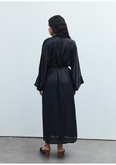 Frappant Siyah Uzun Saten Sabahlık / Kimono Siyah