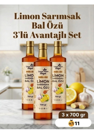 Lokman Hekim Hayat 3 Şişe Bal Özlü Limon Sarımsak Zencefil Özü 3x700 Gr Sarımsak Çayı Hediyesiyle